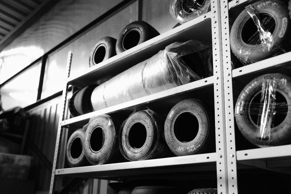 Warehouse tire storage rack holding seasonal tires